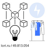 Blockchain network connecting cubes, lightbulb representing innovation, blue energy icon, and clothing on a rack. Ideal for technology, innovation, energy, fashion, startups modern solutions. Innovation and Technology Concept with Blockchain, Bright Ideas, Energy, and Fashion Elements. Стоковая иллюстрация, агентство Ingram Publishing / Фотобанк Лори