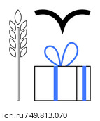 Line art gift box with blue bow, black wheat stalk, and bird silhouette. Ideal for celebrations, agriculture, minimalistic design, nature themes, simplicity elegance and holidays. Line metaphor. Iconic Line Art Featuring a Gift Box with Bow, Wheat Sheaf, and Bird Silhouette in Black and Blue. Стоковая иллюстрация, агентство Ingram Publishing / Фотобанк Лори
