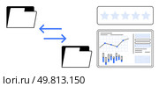 Manilla folders connected by bidirectional arrows next to a screen showing analytics dashboard and star rating bar. Ideal for data transfer systems, performance evaluation, business analytics. Data Transfer with Analytics Dashboard Display Including Performance Rating System. Стоковая иллюстрация, агентство Ingram Publishing / Фотобанк Лори