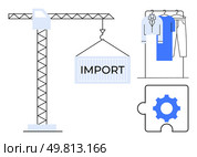 Cargo crane lifting an import container, clothes rack with garments, and gear puzzle piece. Ideal for manufacturing, importexport, fashion industry, logistics, supply chain, global trade and project. Cargo Crane Lifting Import Container Near Clothes Rack and Gear Puzzle Piece Symbolizing Manufacturing. Стоковая иллюстрация, агентство Ingram Publishing / Фотобанк Лори