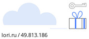 Light blue cloud, a grey key, and a gift box with a blue bow. Ideal for cloud storage, data security, encryption, rewards, online safety cyber protection online gifting. Line metaphor. Cloud storage security concept with a key and gift box representing data safeguarding and rewards. Стоковая иллюстрация, агентство Ingram Publishing / Фотобанк Лори