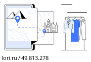 Digital tablet displaying mountain and castle locations on a map with location pins, next to a clothing rack with hanging shirts and pants. Ideal for travel planning, fashion, lifestyle, tourism. Digital Travel Planning Map with Location Pin and Closet with Clothes on Hangers. Стоковая иллюстрация, агентство Ingram Publishing / Фотобанк Лори