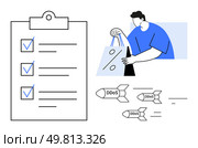 Person holding shopping bags with discount sign, checklist with ticked items, and DDoS attack icons. Ideal for e-commerce, cybersecurity, task management, online shopping, consumer behavior. E-commerce Shopping, Cybersecurity Threats, and Checklist for Task Management and Protection. Стоковая иллюстрация, агентство Ingram Publishing / Фотобанк Лори