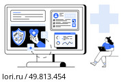 Healthcare professional reviewing health data on computer screen displaying medical charts, heart symbol, shield icon, user profile. Ideal for telemedicine, electronic health records, data analytics. Healthcare Professional Reviewing Health Data on Computer Screen with Various Medical Charts and Icons. Стоковая иллюстрация, агентство Ingram Publishing / Фотобанк Лори