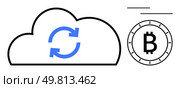 Cloud outline with sync arrows and Bitcoin symbol representing digital currency exchange and cloud storage. Ideal for fintech, cryptocurrency, cloud computing, data synchronization, storage. Cloud Storage and Bitcoin Exchange Integration with Sync Arrows Indicating Data Transfer. Стоковая иллюстрация, агентство Ingram Publishing / Фотобанк Лори