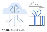 Cloud with brain and circuit lines, along with a gift box and small cloud. Ideal for technology, AI, innovation, cloud computing, minimalism, creativity and gifts. Line metaphor. Cloud-Brain Integration and Gift Box Depiction with Minimalist Design Elements. Стоковая иллюстрация, агентство Ingram Publishing / Фотобанк Лори