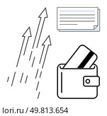 Credit card in wallet, four rising arrows, and document with lines indicating financial growth. Ideal for finance, investments, business growth, banking, savings, accounting and economic analysis. Credit card in wallet with rising arrows and document with lines indicating financial growth. Стоковая иллюстрация, агентство Ingram Publishing / Фотобанк Лори