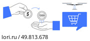 Hand giving a coin with dollar sign to another hand receiving a token symbol. Drone above and a shopping cart in a speech bubble to the right. Ideal for fintech, e-commerce, blockchain, digital. Exchange of Currency for Tokens Illustrating Online Shopping, Cryptocurrency, and Digital Transactions. Стоковая иллюстрация, агентство Ingram Publishing / Фотобанк Лори