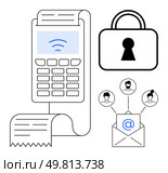 Payment terminal printing receipt, lock icon for security, envelope with email symbol linking user avatars. Ideal for finance, communication, security, transactions, data protection, digital. Contactless Payment Terminal with Lock Icon and Email Communication Connecting Individuals. Стоковая иллюстрация, агентство Ingram Publishing / Фотобанк Лори