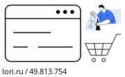 E-commerce website window with cart and person holding shopping bag. Ideal for online shopping, e-commerce, digital marketing, retail, web design, customer engagement, business strategies. Line. E-commerce website interface with shopping cart and person holding a shopping bag representing online shopping. Стоковая иллюстрация, агентство Ingram Publishing / Фотобанк Лори