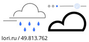 Cloud raining blue drops next to a bold outlined cloud with minimal design elements. Ideal for weather apps, forecasts, websites, user interfaces, educational materials, presentations. Simple Cloud Weather Icons Representing Rain and Clear Sky Conditions. Стоковая иллюстрация, агентство Ingram Publishing / Фотобанк Лори