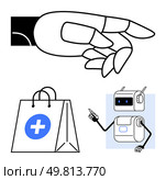 Robotic hand, medical bag with health symbol, and AI robot with stylus. Ideal for healthcare technology, AI in medicine, robotic assistance, futuristic healthcare, medical automation, digital. AI-Assisted Healthcare and Digital Transformation Robotic Hand, Medical Bag, and AI Robot Interaction. Стоковая иллюстрация, агентство Ingram Publishing / Фотобанк Лори