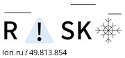 Word RISK with a blue triangular exclamation mark replacing the I and a snowflake next to K. Ideal for caution, safety, winter preparedness, hazard warning, climate risk, cold weather advisories. Warning Sign Integrated into the Word RISK with Blue Triangular Exclamation Mark and Snowflake. Стоковая иллюстрация, агентство Ingram Publishing / Фотобанк Лори