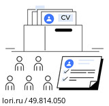 Documents in a box CV labeled file. Six applicants. Chosen CV with checks at foreground. Ideal for recruitment, HR, job applications, hiring process, management, organization, applicant tracking. Efficient Candidate Selection with Simplified Document Management for Recruitment. Стоковая иллюстрация, агентство Ingram Publishing / Фотобанк Лори
