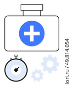 Medical kit with a blue cross stopwatch, and gears. Ideal for healthcare, time management, precision, medical emergencies, workflow, treatment processes and efficiency. Line metaphor. Medical Kit, Stopwatch, and Gears Illustration Representing Health, Time, and Mechanism. Стоковая иллюстрация, агентство Ingram Publishing / Фотобанк Лори