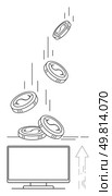 Coins falling into a computer screen, symbolizing digital investments, online transactions, and financial success. Ideal for financial platforms, online banking, cryptocurrency, investment apps. Digital Coins Entering Screen Symbolizing Online Investments and Financial Growth. Стоковая иллюстрация, агентство Ingram Publishing / Фотобанк Лори