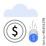 Blue cloud graphic with large dollar coin and smaller blue dollar coins falling in a dynamic motion. Ideal for finance, digital banking, online transactions, cloud services, fintech, e-commerce, data. Digital Cloud Monetization Concept with Falling Coins Representing Online Revenue Streams. Стоковая иллюстрация, агентство Ingram Publishing / Фотобанк Лори