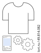 Blank T-shirt with two gear icons and a smartphone screen displaying a social media post. Ideal for e-commerce, customization, online shopping, fashion, marketing, technology, digital content. Line. Customizable T-shirt Design with Social Media Post and Technology Integration Elements. Стоковая иллюстрация, агентство Ingram Publishing / Фотобанк Лори