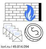 Firewall represented by brick wall and blue flame, four emails in envelopes, and coin with dollar sign. Ideal for cybersecurity, finance, email security, digital barriers, protection, corporate. Firewall Protection, Email Security, and Financial Safeguards in Digital Environment. Стоковая иллюстрация, агентство Ingram Publishing / Фотобанк Лори