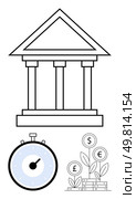 Bank building with columns circular stopwatch plants growing money symbols , . Ideal for banking, finance, investment, time management, economic growth, wealth accumulation, sustainability. Financial Stability and Growth Bank Building, Stopwatch, Currency Symbols Growing on Plants. Стоковая иллюстрация, агентство Ingram Publishing / Фотобанк Лори
