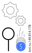 Magnifying glass, two gears, and falling coins with dollar sign symbolize analysis, efficiency, and financial processes. Ideal for business strategy, finance, productivity, mechanics research. Magnifying Glass, Gears, and Falling Coins Representing Analysis, Efficiency, and Financial Flow. Стоковая иллюстрация, агентство Ingram Publishing / Фотобанк Лори