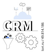 CRM letters with cloud storage above, bar graph, puzzle pieces, calendar, funnel with user icons, and gears. Ideal for business management, customer relationships, data analysis technology. CRM Concept with Cloud Storage, Data Analysis, and Customer Interaction Symbols. Стоковая иллюстрация, агентство Ingram Publishing / Фотобанк Лори