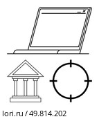 Laptop with a closed screen, government building with columns, and a crosshair target. Ideal for technology, governance, accuracy, research, education security and strategy. Line metaphor. Elements of Technology, Government, and Precision Represented in Simple Line Art. Стоковая иллюстрация, агентство Ingram Publishing / Фотобанк Лори