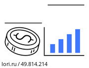 Coin with dollar sign and blue bar graph increasing in height. Ideal for financial growth, business success, economic development, investments, market analysis, fiscal planning, corporate strategy. Financial growth represented by a blue bar graph and a dollar coin, isolated on a white background. Стоковая иллюстрация, агентство Ingram Publishing / Фотобанк Лори