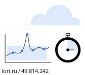 Graph with upward trend and timing stopwatch under cloud. Ideal for data tracking, analytics, productivity, timing, efficiency, forecasting, strategy. Line metaphor. Data Analysis Timing and Trend Monitoring with Chart and Stopwatch. Стоковая иллюстрация, агентство Ingram Publishing / Фотобанк Лори