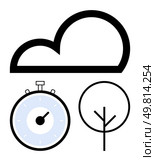 Cloud outline stopwatch and simplistic tree design. Ideal for web design, weather apps, time management, nature topics, minimalistic themes, education, presentations. Line metaphor. Simple Cloud, Stopwatch, and Tree Symbols for Weather, Time, and Nature Concepts. Стоковая иллюстрация, агентство Ingram Publishing / Фотобанк Лори