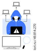 Person in hoodie using laptop with warning sign, surrounded by networked devices and magnifying glass. Ideal for cybersecurity, hacking, data protection, threat detection, network security, digital. Cybersecurity Concept Hacker with Laptop Among Connected Devices and Magnifying Glass. Стоковая иллюстрация, агентство Ingram Publishing / Фотобанк Лори