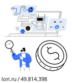 Business professional examining coin symbol under magnifying glass while AI chatbot on laptop responds to diverse customer emotions. Ideal for finance, customer service, AI, investment, analysis. Man analyzing financial growth with magnifying glass and customer feedback supported by AI on laptop. Стоковая иллюстрация, агентство Ingram Publishing / Фотобанк Лори