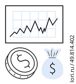 Ascending financial graph, single coin with dollar symbol, and secured money bag. Ideal for business growth, investment, savings, accounting, finance management economic trends wealth. Line. Financial success with ascending graph, currency coin, and money bag. Стоковая иллюстрация, агентство Ingram Publishing / Фотобанк Лори