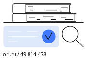 Books stacked, magnifying glass, and blue circle with checkmark emphasizing information accuracy. Ideal for education, research, libraries, academia, studying knowledge verification. Line metaphor. Books, magnifying glass, and a checkmark inside a blue circle representing knowledge verification. Стоковая иллюстрация, агентство Ingram Publishing / Фотобанк Лори