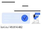 Woman in blue outfit holding laptop with code, kneeling next to large checkmark icon. Ideal for web development, programming tutorials, coding bootcamps, software quality assurance, tech blogs. Female Developer Debugging and Fixing Code for Successful Program Execution. Стоковая иллюстрация, агентство Ingram Publishing / Фотобанк Лори