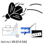 Flying insect, fishing rod with password, financial growth arrows, briefcase, and stack of coins highlighting cybersecurity threats. Ideal for presentations, cybersecurity training, financial risk. Cybersecurity Threats Phishing, Malware, and Financial Risks Depicted Conceptually. Стоковая иллюстрация, агентство Ingram Publishing / Фотобанк Лори