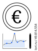 Euro symbol inside a circle line graph with data points, and stylized pen. Ideal for finance, economics, currency exchange, investment analysis, business strategies, financial planning. Line. Euro Currency Analysis with Graph and Pen for Financial Insights. Стоковая иллюстрация, агентство Ingram Publishing / Фотобанк Лори