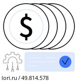 Stacks of coins with a dollar symbol, a checklist with a blue check mark, and a gear with arrows. Ideal for finance, investment, business processes, cost management, efficiency, workflow improvement. Financial Growth and Efficiency Depicted with Coins, Gear, and Checklist Elements. Стоковая иллюстрация, агентство Ingram Publishing / Фотобанк Лори