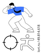 Businessman in a blue shirt and tie, striking a powerful pose alongside a target and an athlete stick figure. Ideal for leadership, motivation, business strategy, goal setting, fitness, performance. Confident businessman in action pose with target and athlete stick figure, representing goals and activities. Стоковая иллюстрация, агентство Ingram Publishing / Фотобанк Лори