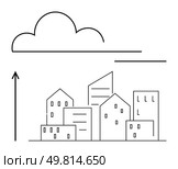 Cloud above cityscape with various building shapes and an ascending arrow. Ideal for themes growth, urban planning, potential, architecture, minimalism, development, progress. Line metaphor. Minimalist Urban Landscape with Cloud and Arrow Symbolizing Growth and Potential. Стоковая иллюстрация, агентство Ingram Publishing / Фотобанк Лори