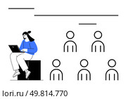 Female student with ponytail using laptop, minimalist black and white human figures representing audience or team. Ideal for education, remote work, online meetings, teamwork, collaboration. Remote Learning Concept with Female Student Using Laptop and Minimalistic Group of People. Стоковая иллюстрация, агентство Ingram Publishing / Фотобанк Лори