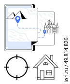 GPS navigation map on a device with mountain and castle, location pins, target, and house icons. Ideal for travel, adventure, exploration, real estate navigation tourism and technology. Line. GPS Navigation Concept with Map, Mountain, Castle, Target, and House Icons. Стоковая иллюстрация, агентство Ingram Publishing / Фотобанк Лори