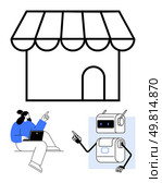 Storefront person with laptop, and robot. Ideal for business technology, e-commerce, AI interaction, digital marketing, remote work, innovation, and online services. Line metaphor. Person Using Laptop and Robot Interacting in Front of Storefront Building Symbol. Стоковая иллюстрация, агентство Ingram Publishing / Фотобанк Лори
