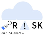 Cloud with hand holding magnifying glass, letters R, SK, and exclamation mark in triangle. Ideal for cybersecurity, data protection, risk assessment, IT management, cloud services technological. Identifying Risk in Cloud Computing Environment with Magnifying Glass and Alert Symbol. Стоковая иллюстрация, агентство Ingram Publishing / Фотобанк Лори