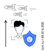 DDoS missiles target faceless avatar under shield. Ideal for cybersecurity, protection, digital safety, online identity, threat defense, network security, attack mitigation. Line metaphor. Protecting Digital Identity Against DDoS Attacks with Strategic Cybersecurity Measures. Стоковая иллюстрация, агентство Ingram Publishing / Фотобанк Лори