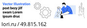 Business professional analyzing data with gears nearby, symbolizing productivity and mechanical efficiency. Upward arrows represent growth and progression. Ideal for business strategies. Business professional working with data and gears alongside upward growth arrows. Стоковая иллюстрация, агентство Ingram Publishing / Фотобанк Лори