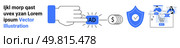 Hand clicking AD button representing advertisement, with dollar sign indicating payment, a security shield, and an online shopping cart. Ideal for digital marketing, online security, e-commerce. Digital Marketing Concept with Hand Clicking Ad Button, Financial and Security Icons, Online Shopping. Стоковая иллюстрация, агентство Ingram Publishing / Фотобанк Лори