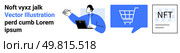 Laptop-using person, speech bubble with shopping cart, NFT certificate. Ideal for e-commerce, technology, digital communication, online trading, cryptocurrency, modern business. Landing page. Digital Business Communication with Online Shopping and NFT Representation. Стоковая иллюстрация, агентство Ingram Publishing / Фотобанк Лори