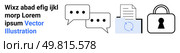 Speech bubbles with ellipses for conversations, document with circular arrow for synchronization, padlock for security. Ideal for secure messaging, online communication, data transfer, privacy. Encrypted Communication and Document Exchange with Chat Bubbles, Files, and Lock Icon. Стоковая иллюстрация, агентство Ingram Publishing / Фотобанк Лори
