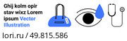 Blue handbag with tag, eye with blue teardrop, and stethoscope represent healthcare, fashion, and wellness concepts. Ideal for healthcare, fashion, wellbeing, design retail marketing digital. Healthcare and Fashion Elements with Bold Typography and Modern Design Concept. Стоковая иллюстрация, агентство Ingram Publishing / Фотобанк Лори